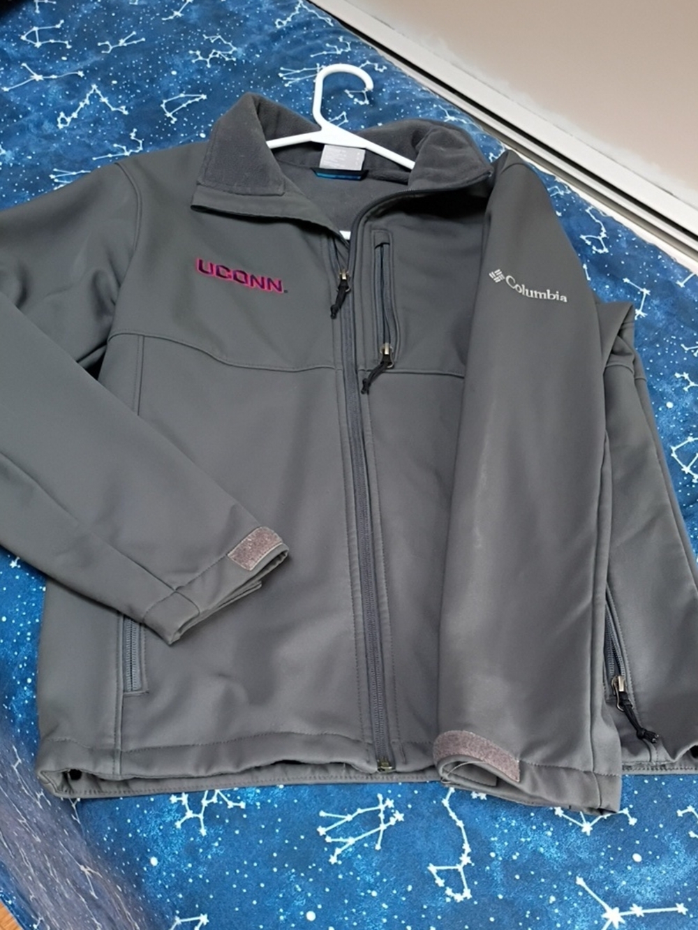 Columbia Gray Softshell Jacket with Magenta UCONN Embroidery